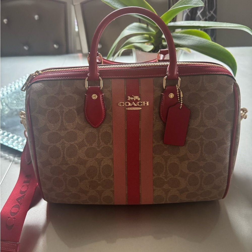 Coach Brown and Red Signature Canvas Satchel